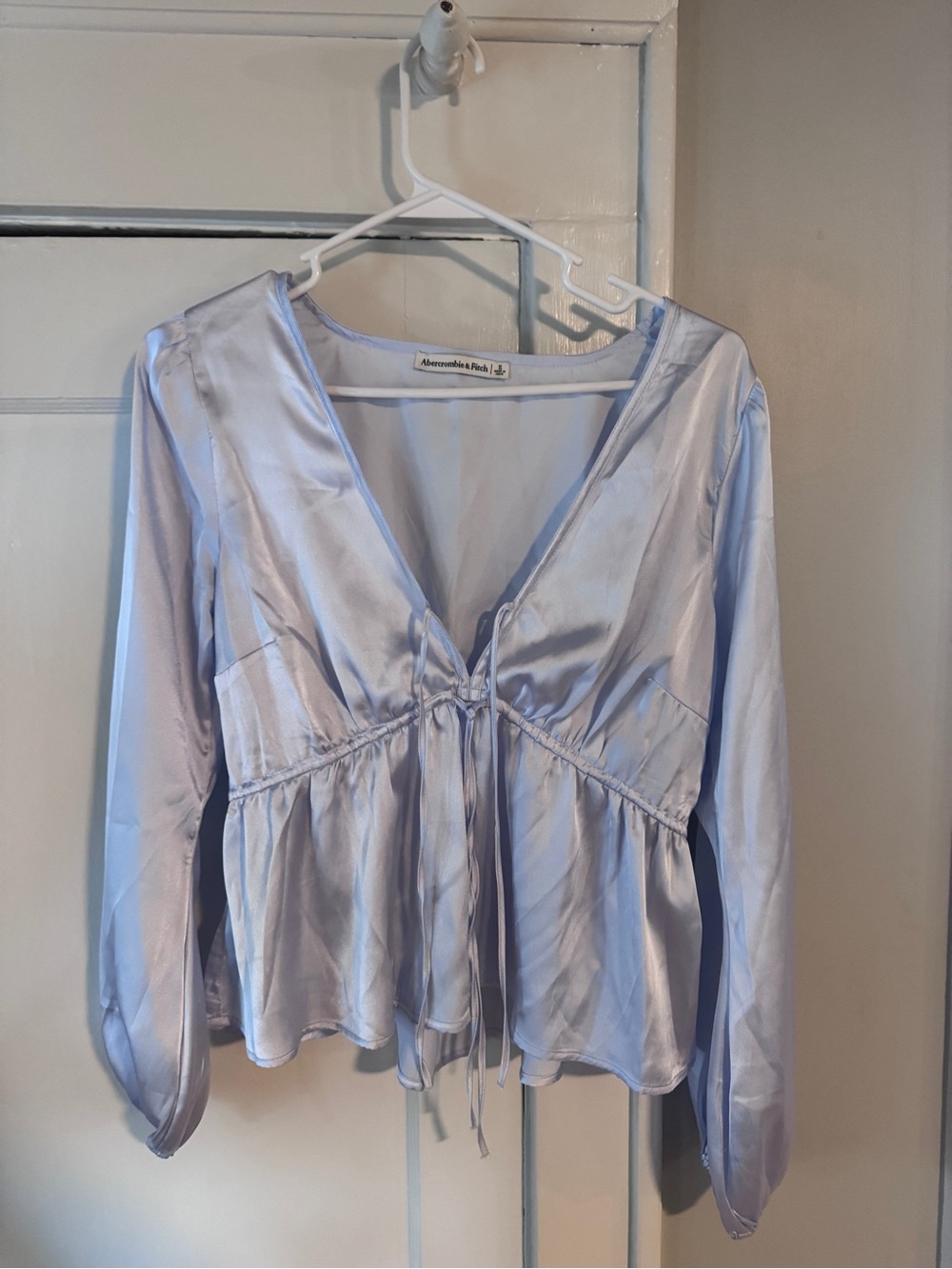 Abercrombie & Fitch Light Blue Satin V-Neck Tie-Front Top